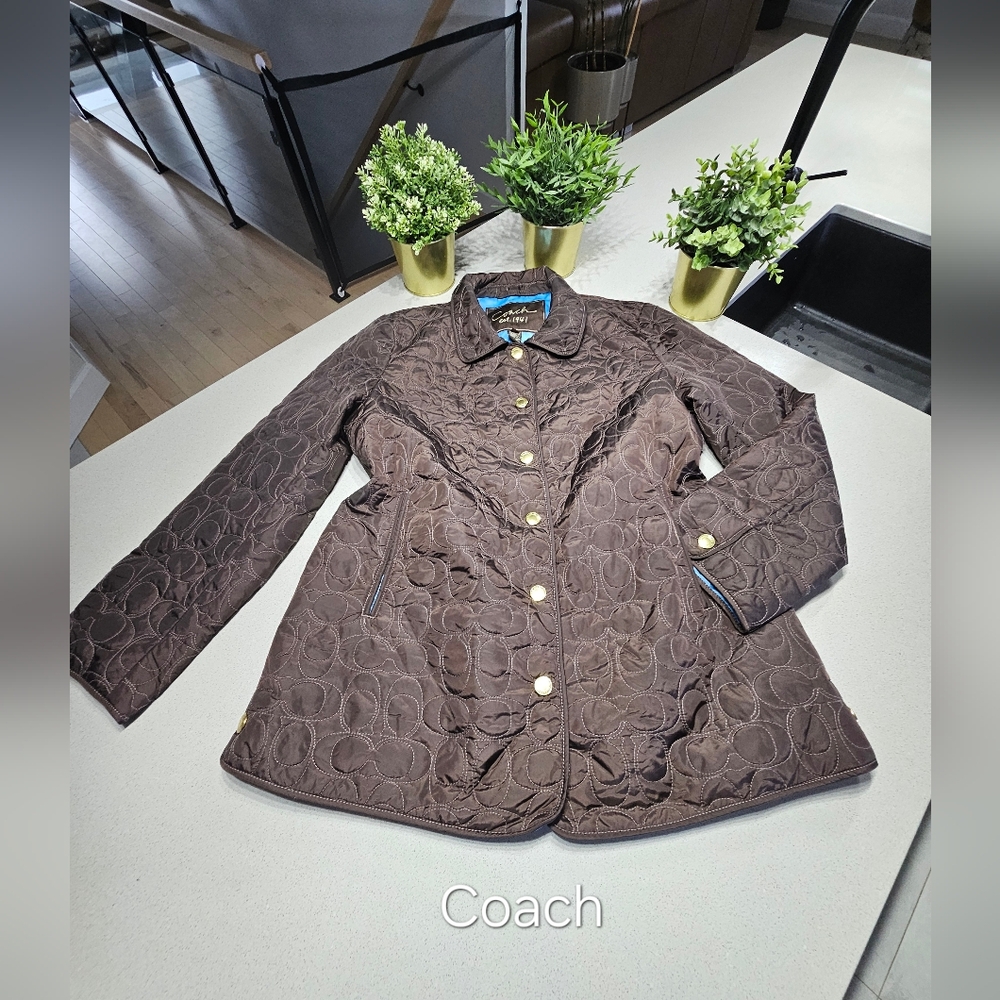COACH Superbe manteau printemps-automne brun avec logos tissés